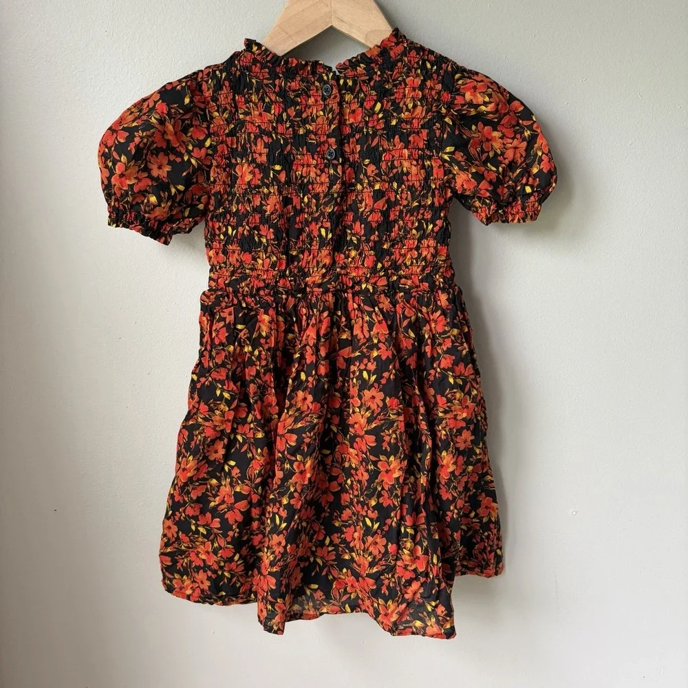 Gap Kids Girls Black Orange Fall Floral Puff Sleeve Smocked Babydoll Dress Sz 5T